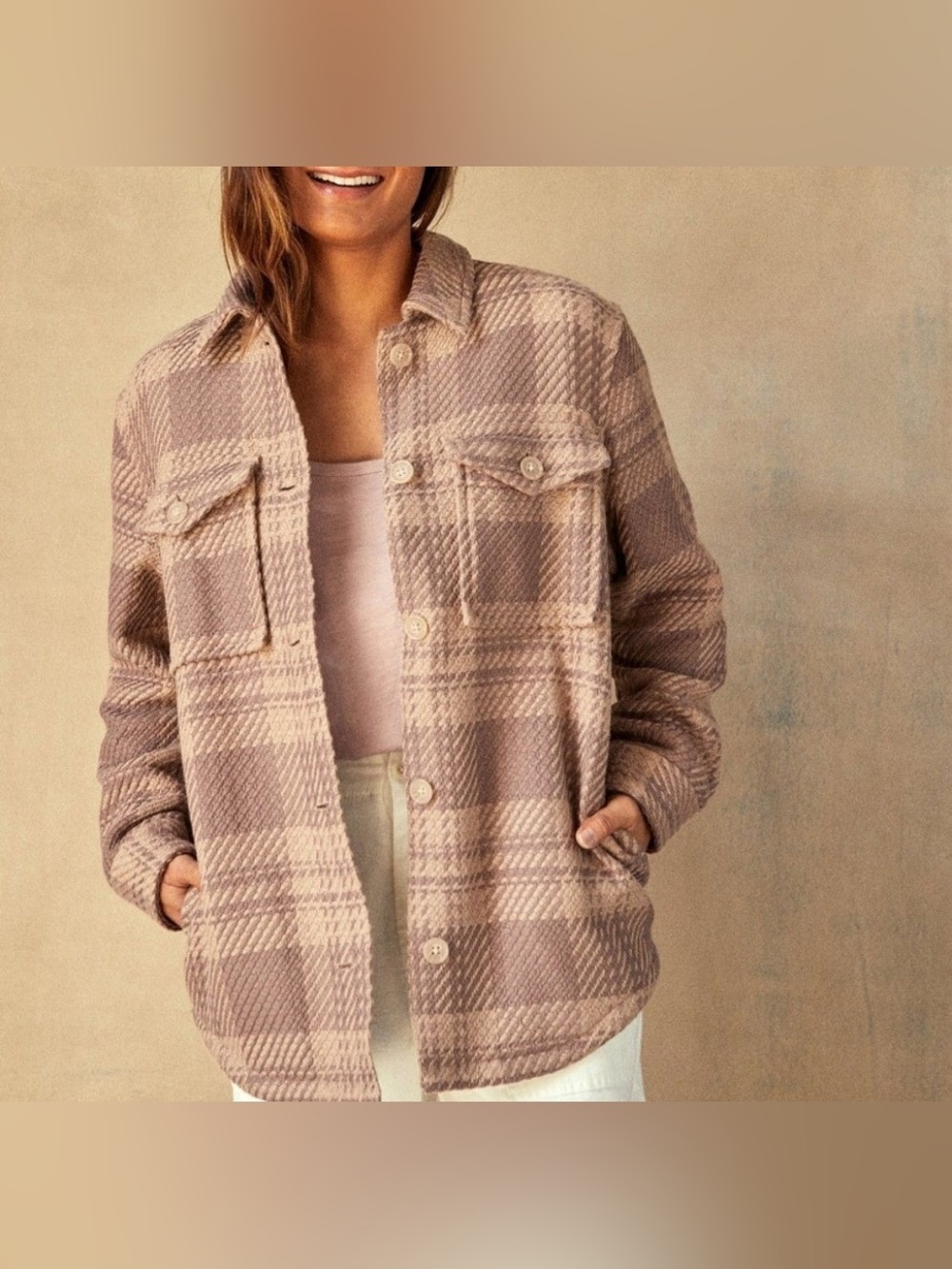 100% Organic Cotton Plaid Shacket in Blush Taupe Lightweight Coat Size Medium